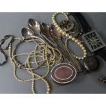 Mixed items including six silver teaspoons, silver brooch, wrist watch, bracelet, fob watch etc.