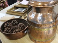 A copper milk churn and a Victorian copper two handled pan (2)