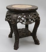 A carved Chinese marble and wood pot stand and a pair of Oriental vases pot height 35cm