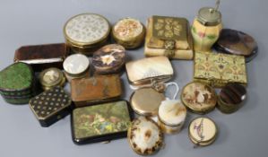A 19th century gilt metal-mounted hardstone snuff box and a collection of small decorative boxes,