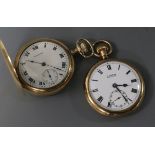 A gold plated Waltham hunter pocket watch and a Moeris gold plated open faced pocket watch.