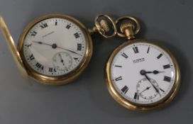 A gold plated Waltham hunter pocket watch and a Moeris gold plated open faced pocket watch.