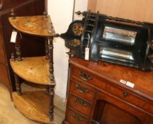 A Victorian inlaid corner whatnot and an Aesthetic ebonised and mirrored hanging corner display unit