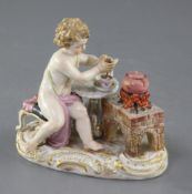 A Meissen figure of Cupid making a cup of hot chocolate, 19th century underglaze blue crossed swords
