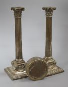 A pair of 19th century Elkington silver plated candlesticks and a box candlesticks height 31cm