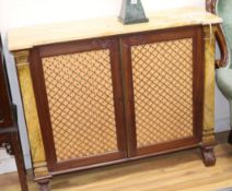 A marble top grill front chiffonier with later painted pilasters W.112cm