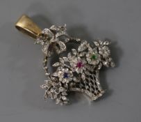 A diamond, sapphire, ruby and emerald 'basket' pendant, yellow gold setting, 30mm.