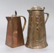 A Newlyn copper hot water jug of angular form with rattan-covered handle and a Joseph Sankey