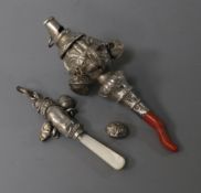 A Victorian silver child's rattle by George Unite and a later silver rattle.