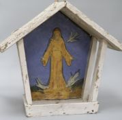 A Della Robbia style shrine with religious plaque and original frame