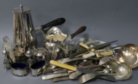 A collection of silver and plated items, including a four-piece pierced silver cruet comprising