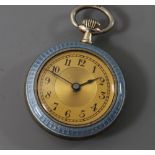 An early 20th century Swiss 800 standard gilt white metal and guilloche enamel fob watch.