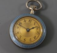An early 20th century Swiss 800 standard gilt white metal and guilloche enamel fob watch.