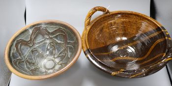 A John Leach Muchelney Pottery large earthenware bowl and another Studio pottery bowl, the Leach