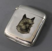 A late Victorian silver vesta case enamelled with the head of a terrier, Hayes Brothers, Birmingham,