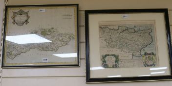 Richard Brome, a hand-coloured map of Kent, 1670 and Robert Morden, a hand-coloured map of Sussex (