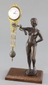 A late 19th century German bronze mystery timepiece, the female nude with raised arm, signed 'S.