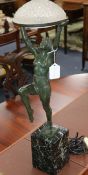 Max Le Verrier. An Art Deco spelter figural dancer lamp