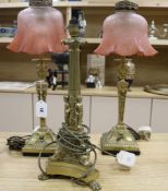 Three brass lamps and two cranberry shades