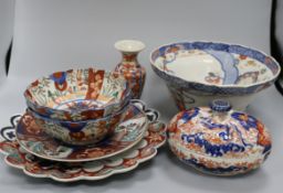 An Imari bowl and six other items of Imari ware