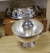 An EPNS cake stand, punch bowl and cocktail shaker