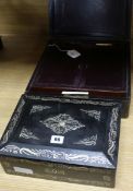 A 19th century mother of pearl inlaid sewing box and a Moroccan leather writing slope