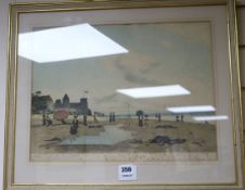 Louis Braquaval (1824-1919), coloured lithograph, French beach scene, no.27 of 100, signed in pencil