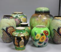 Carlton ware Verte Royale and green ground wares - a Mikado crane ginger jar and cover and six