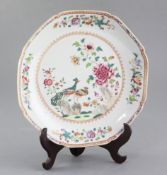 A Chinese export famille rose 'double peacock' octagonal dish, Qianlong period, width 24.5cm