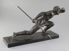 A 1930's French bronze figure of a hunter holding a spear, on black marble plinth, width 20in.