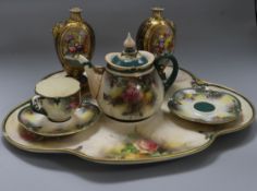 A Hadley's Worcester part tea for two and a pair of Derby style vessels