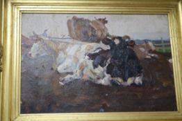 Attributed to Yuri Lyubavin, oil on canvas laid on board, 'Cows', 28 x 41cm