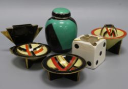 Carlton ware Art Deco items: a Chevron jar and cover, an inkwell, two dishes and a vase together