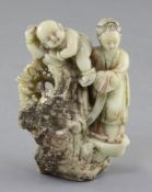 A Chinese export polychrome soapstone group of a mother and child, probably 18th century, the