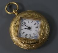 An engraved 18ct gold fob watch with Roman dial and shaped glass panel.