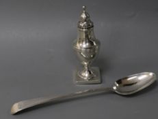 A George III silver sifter and a George III beaded Old English patter basting spoon.