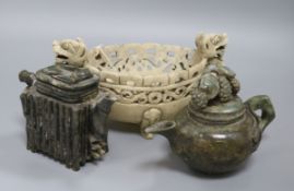 Two Chinese hardstone teapots and a dragon handled dish bowl diameter 25cm