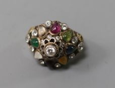 An Indian? 14ct gold and multi gem set dome topped ring, size L.