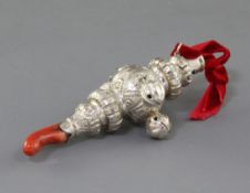 A Victorian silver child's rattle by Colen Hewer Cheshire, with coral teether, Birmingham, 1879,