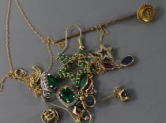 Two small 14ct gold and diamond pendant necklaces, a 14ct gold and emerald star pendant, three pairs