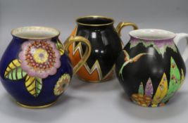 Three Carlton ware Art Deco jugs, including Jazz pattern height 17cm