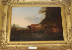 Dutch School, first half 19th century, oil on canvas, figures with cattle in a landscape, 25 x 35cm