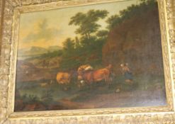 17th/18th century Dutch School, oil on canvas laid on panel, cattle in a landscape, unsigned, 41 x