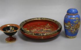 Two Carlton ware Temple and Mikado pattern red ground dishes and a similar blue ground jar and