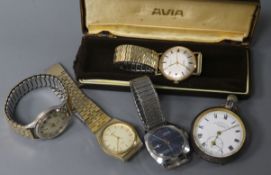 Four various gentleman's wrist watches including a 9ct gold Avia and a pocket watch.