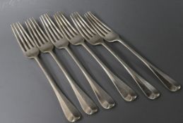 A set of six Edwardian silver Hanovarian pattern table forks, Robert Stebbings, London, 1905, 14