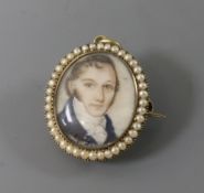 A 19th century yellow metal and split pearl set portrait miniature pendant brooch, 24mm.