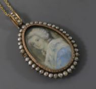 A Regency yellow and white metal and split pearl portrait miniature mourning pendant, on an 18ct