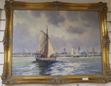 T. Attinger, oil on canvas, 'Off the Dutch coast', 59 x 79cm