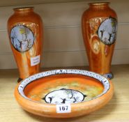 A pair of Carlton ware orange lustre 'Moonlight cameo fairy' pattern vases and a similar dish (3)